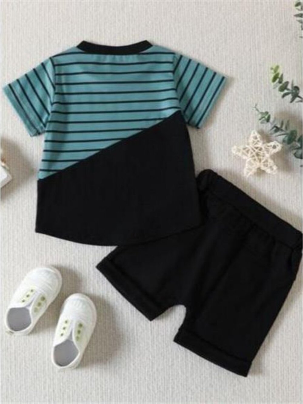 Children's Striped Color Block Casual Top and Shorts Set - Picture 5 of 11